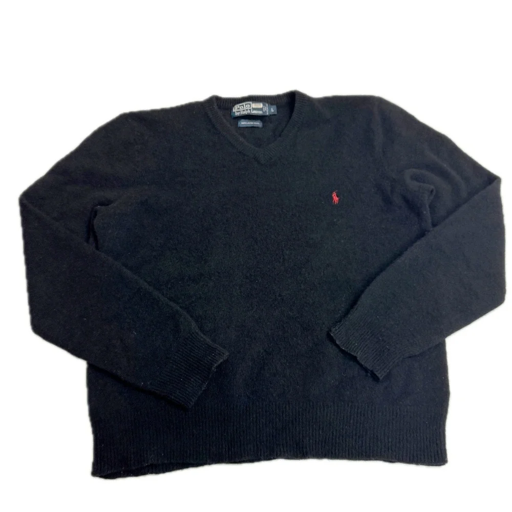 Polo Ralph Lauren Sweater Womens Large Black Lambs Wool V Neck Red Pony Logo - Picture 1 of 6